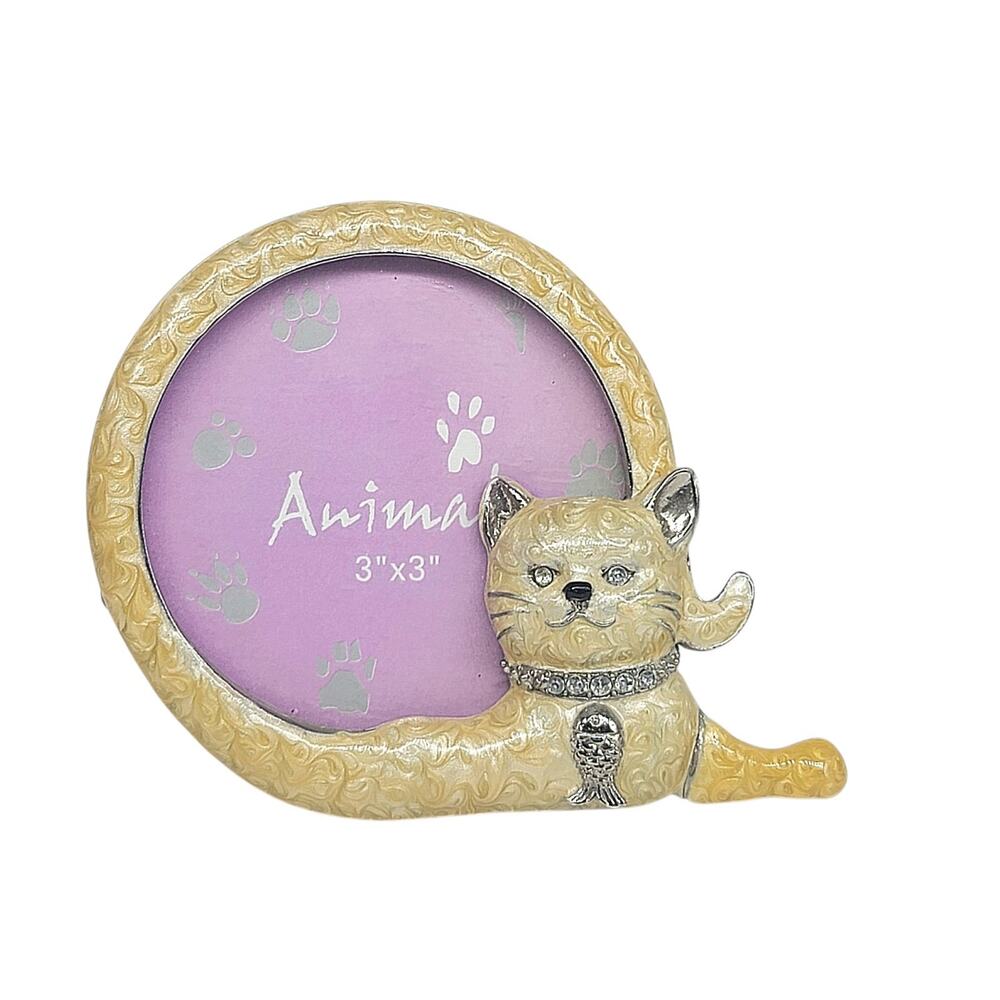 Yellow Enamel Cat w/Rhinestone Eyes & Collar Pewter Picture Frame 3" x 3" CL6